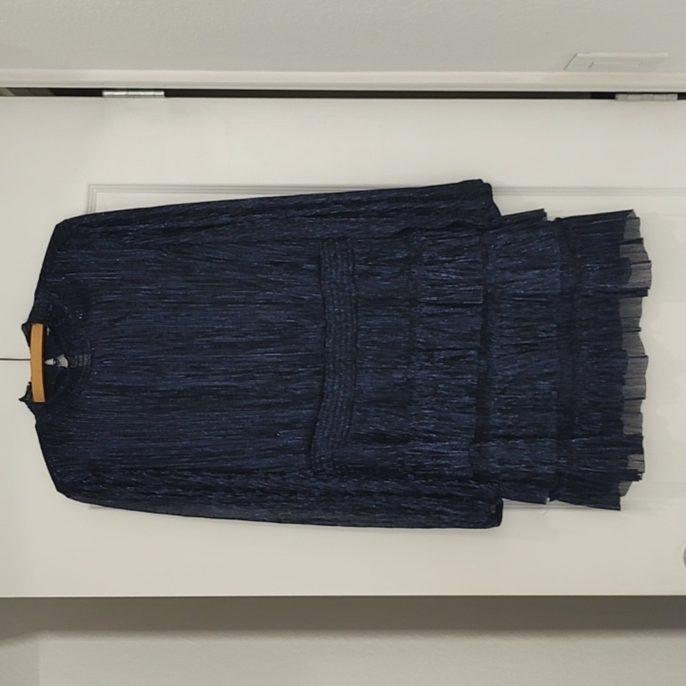 Like New Express Navy Blue Black Metallic Shimmery Tiered Dress XL Sheer Sleeve